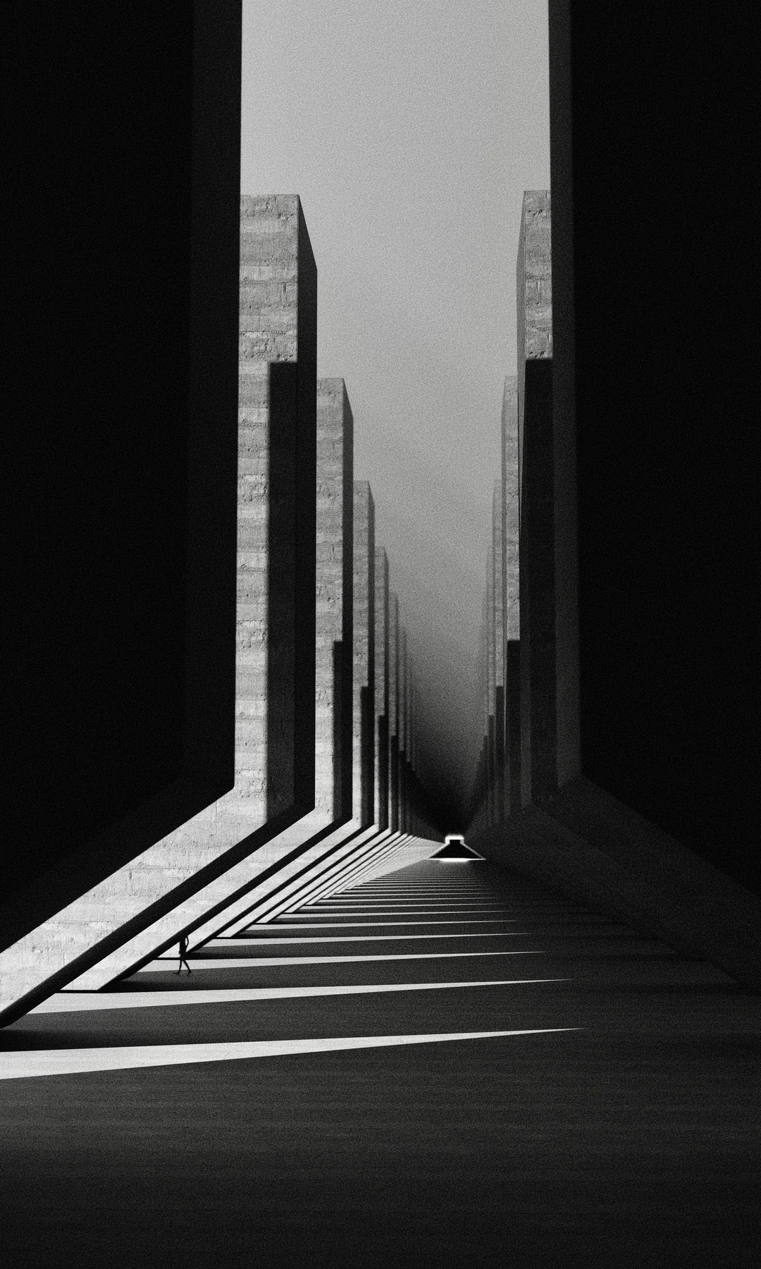 Corridoio monumentale di cemento attraversato da luce e ombre, immagine di Marek Pavlik