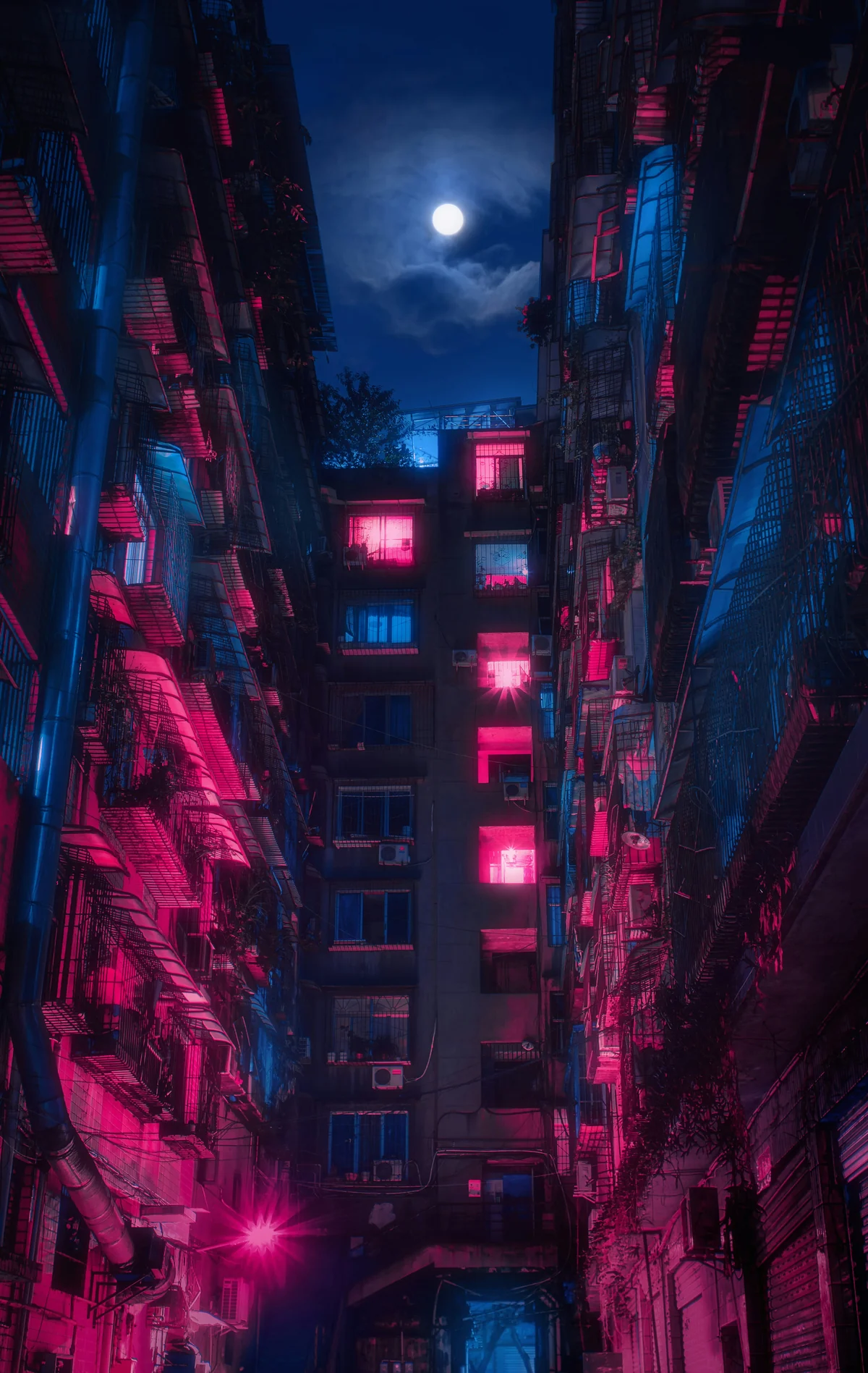 Luna tra palazzi illuminati di blu e magenta, immagine di Cheng Feng